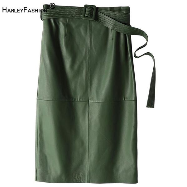 HarleyFashion Winter Frauen Luxus PU Leder Rock High Street Grün Khaki Schwarz Sheap Echtes Leder Touch Gerade Rock LJ289g