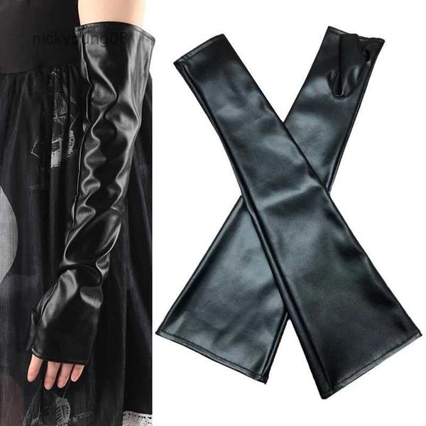 Fingerlose Handschuhe 1 Paar Schwarz Gothic Punk Sexy Lange PU-Leder Fingerlose Handschuhe Frauen Herbst Winter Rock Handschuhe Fäustlinge Clubwear Tanz CosplayL231017