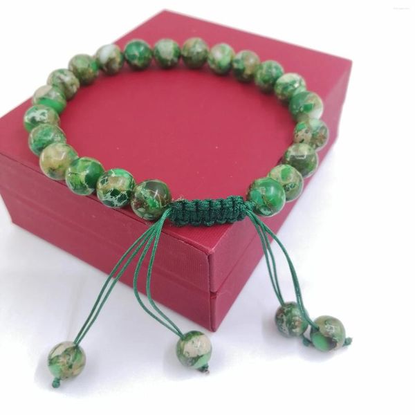 Strang 1 Stück trendiges grünes imperiales Jaspis 8 mm Perlen, verstellbares Baumwollarmband für Frau, Mann, tägliches Tragen, Weihnachtsgeschenk