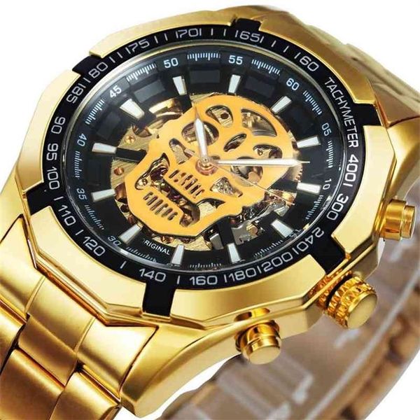 Vencedor Oficial Relógio Automático de Ouro Homens Cinta de Aço Esqueleto Mecânico Crânio Relógios Top Marca Luxo Gota Inteira 210220f