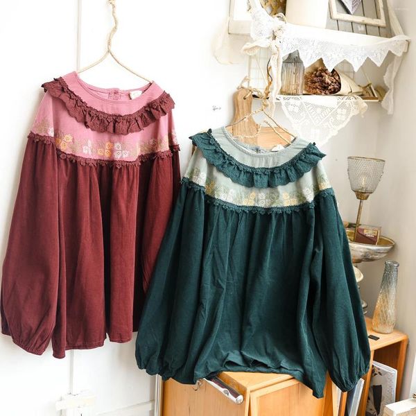 Damesblouses 134cm Borstomvang / Lente Herfst 2023 Dames Vintage Mori Kei Meisjes Losse Comfortabele Corduroy Katoenen Shirts/Blouses