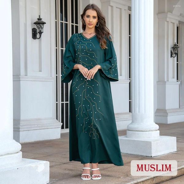 Abbigliamento etnico Abiti da festa musulmani eleganti Abaya per le donne Dubai Perline Abito Abaya drappeggiato Manica lunga Abito da caftano caftano femminile