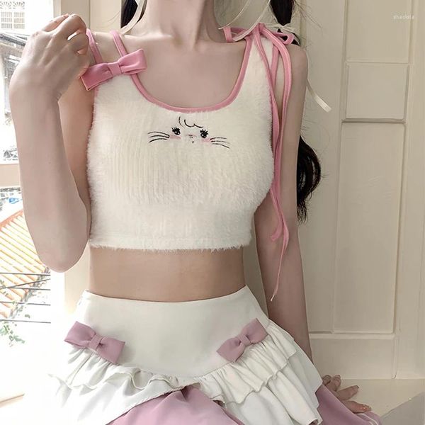 Damen Tanks Fleece Tank Tops Frauen süße rosa Stickerei Schleife Ernte für süße Mädchen Kawaii Kleidung