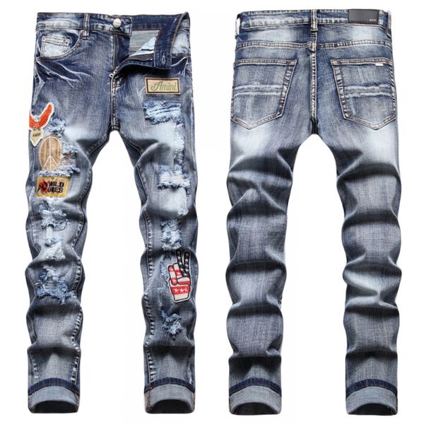 Homens jeans carta estrela am pequeno ponto bordado retalhos rasgado sexy romântico selvagem motocicleta calça dos homens AM3169-00 tamanho 29-38