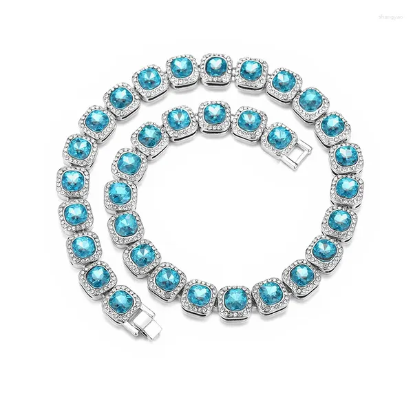 Ketten Hip Hop Luxus Lake Blue Zirkonia Strass Baguette Tennis Kette Choker Halskette Silber Farbe Quadratische Kubanische Link Schmuck Frauen