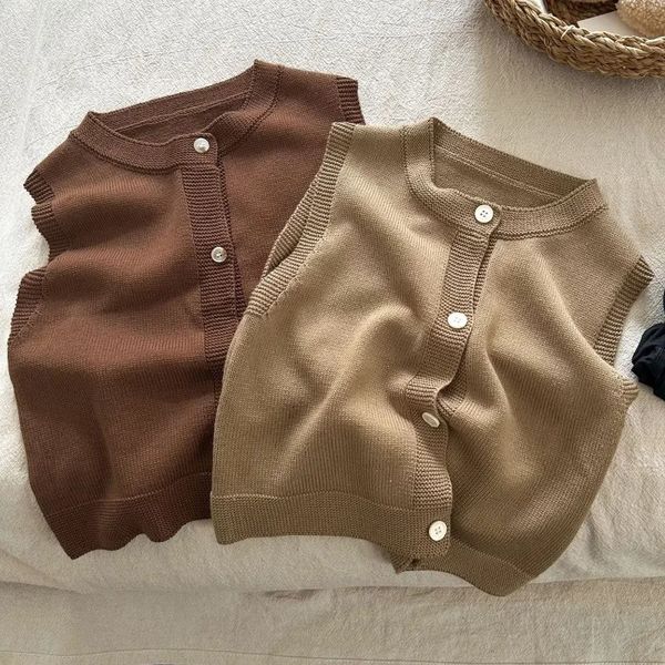 Colete 1-7y bebê meninos meninas sem mangas tricô cardigan primavera outono crianças retro single-breasted colete crianças sólido o-pescoço colete tops 231016