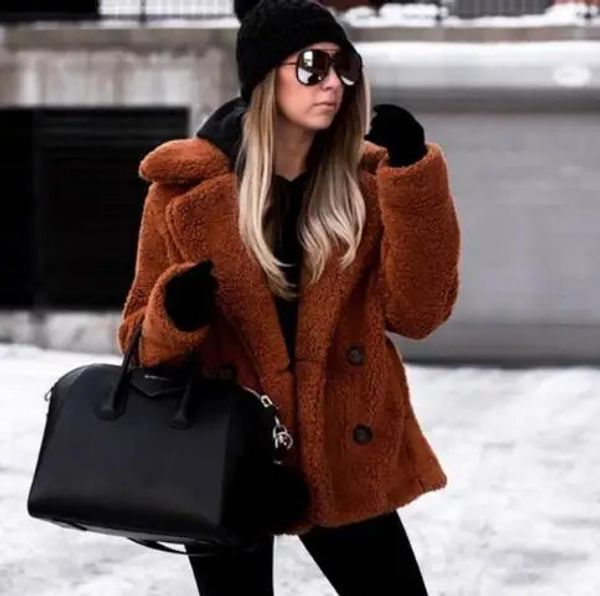 Женская шуба зимняя толстая теплая плюшевая женщина с лацканами с длинным рукавом пушистые волосатые искусственные куртки женские карманы на пуговицах пальто больших размеров 231017