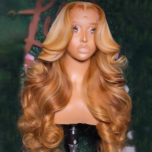 Peruanisches Haar, honigblonde Körperwelle, Spitze-Frontal-Perücke, transparent, vorgezupft, Highlight-farbig, 360-Grad-Perücke mit voller Spitze, synthetisch, für Frauen