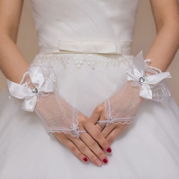 Mulheres pura casamento de tule de tule curto luvas sem dedos cetim bowknotnot shinestone jóias babados de renda de noiva das luvas de festa formal