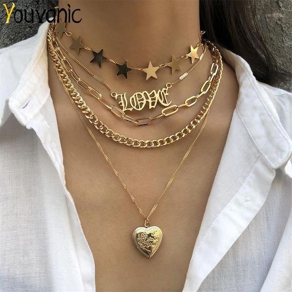 Youvanic vintage em camadas de ouro corrente medalhão coração pingente colar carta amor estrela gargantilha para mulheres moda jóias colar 26141249e