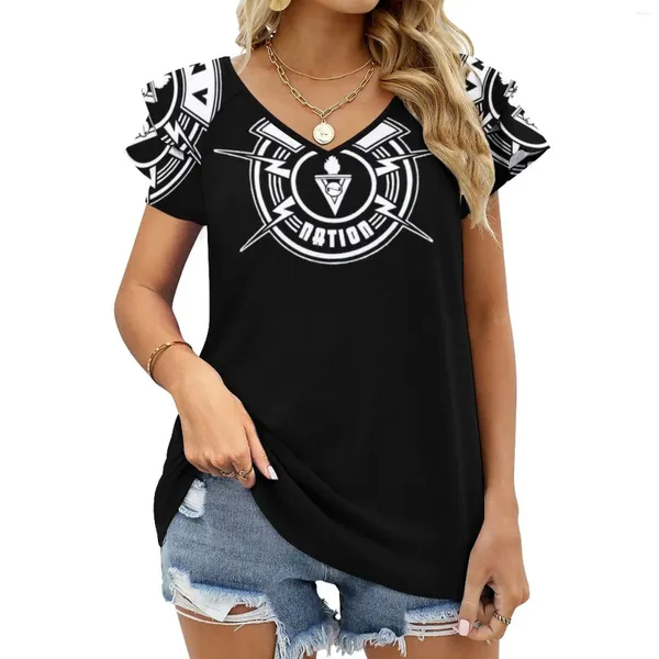 Damen-T-Shirts Logo! Vnv Nation-Weiß Rüschen Kurzarm Sommer V-ausschnitt Tops Mode Casual T-shirt Lange Hohe Qualität Top