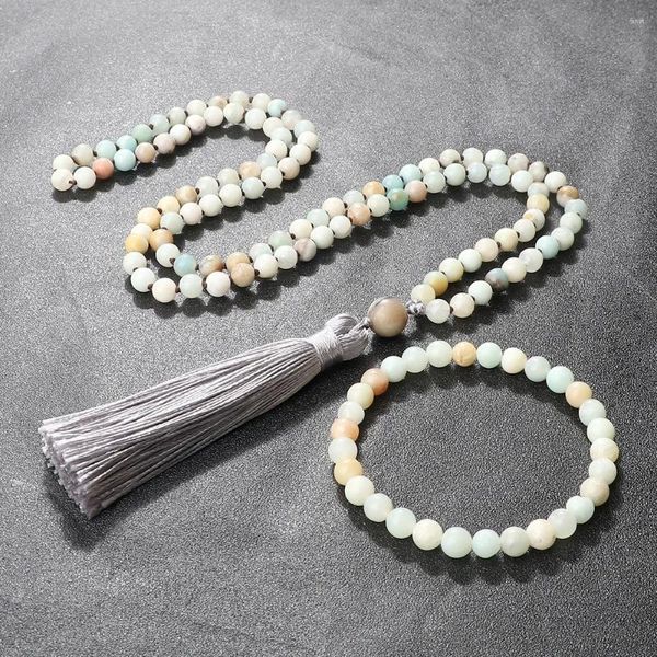 Colares Pingente 108 Amazonita Beads Colar Bangle para Mulheres Charme Rosário Yoga Tassel Sweater Chain Mala Homens Jóias Presente