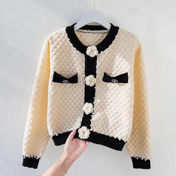 Maglieria da donna Donna Fiori 3D Cardigan lavorato a maglia Primavera Autunno Perle Cappotto maglione all'uncinetto con perline Dolce maglieria fuzzy OL Crop Top 2023