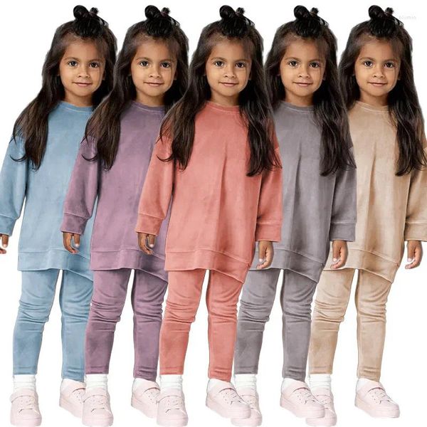 Conjuntos de roupas de inverno crianças meninas terno cor sólida pulôver roupas conjunto bebê moda lazer estilo roupas com tecido de veludo