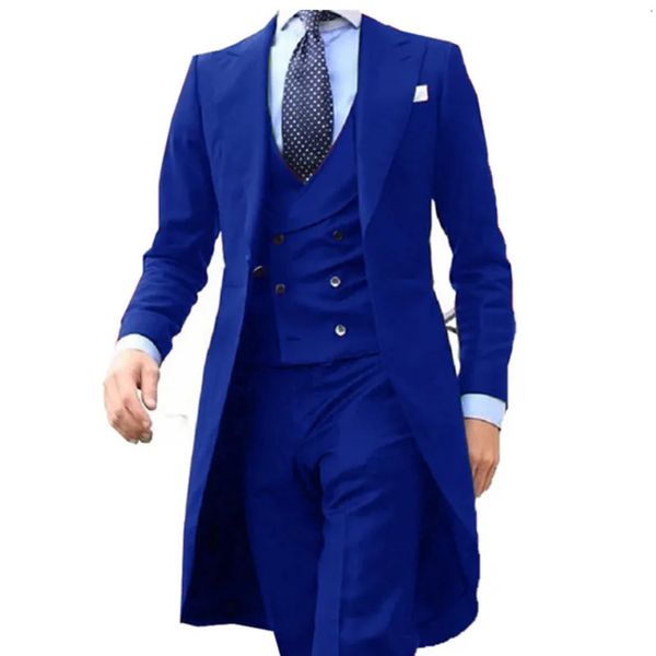 Abiti da uomo Blazer Arrivel Blu royal Disegni di cappotti lunghi Abiti da uomo Set Abbigliamento uomo Smoking dello sposo Prom Blazer Personalizzato 3 pezzi TopVestPants 231017
