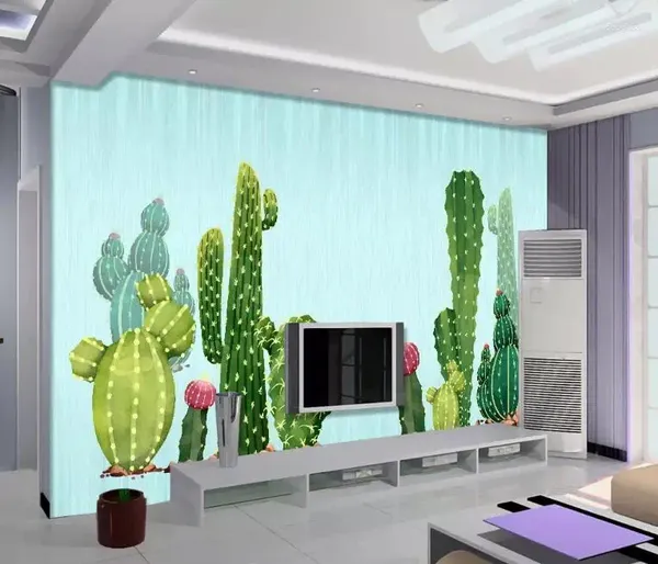 Sfondi CJSIR Carta da parati personalizzata Murale Camera da letto Soggiorno Sfondo Muro Acquerello Pianta di cactus Fiore Decorazione 3d