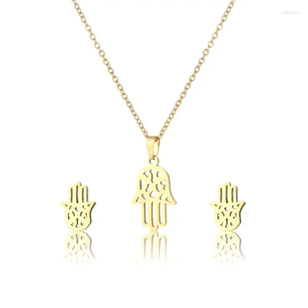 Halskette Ohrringe Set 10 satz/los Edelstahl Gold Farbe Fatima Hand Anhänger Kette Bolzen Ohrring Für Frauen Mode Schmuck Großhandel