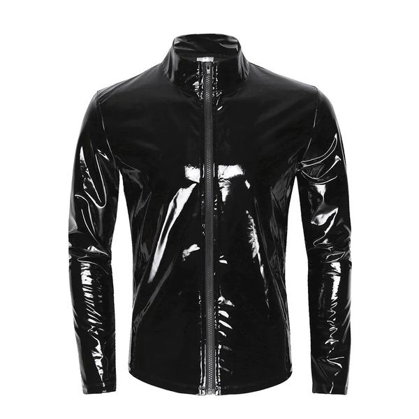 Giacche da uomo S-7XL Taglie forti Uomo Sexy lucido Wetlook Latex Camicia in pelle Cerniera Nightclub Stage Cappotto Maschile Manica lunga Giacca in pelle PVC Top 231013