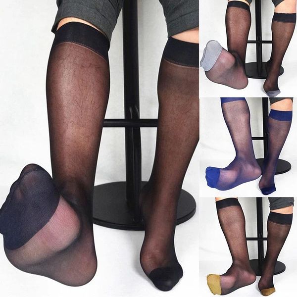 Männer Socken 1 Paar Marke Männer Seide Transparent Sexy Männlich Atmungs Dünne Lange Röhre Schlauch Business Strümpfe Mann Schwarz formale