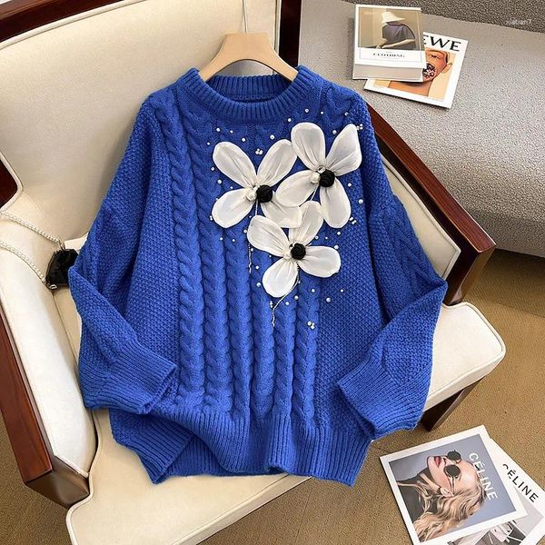 Kadın Sweaters Büyük Boy Sonbahar Kış Mavisi Aplikler Çiçek Örme Kazak Şık Kadınlar O boyun boncuklu elmaslar kalın gevşek pullu jumper