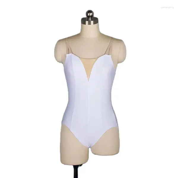 Stage Wear 18579 Body da danza classica in spandex bianco con inserto a V nudo Dancewear per le donne Bodywear Tinta unita Body con cinturino