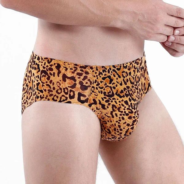 Cuecas moda sexy leopardo impressão masculina confortável gelo seda briefs respirável 3d-bolsa masculina roupa interior elástica homem calcinha