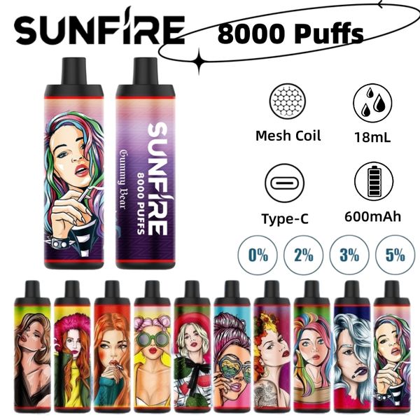 Popular Sunfire 8k Puffs 8000 Vape descartável POD 18ML