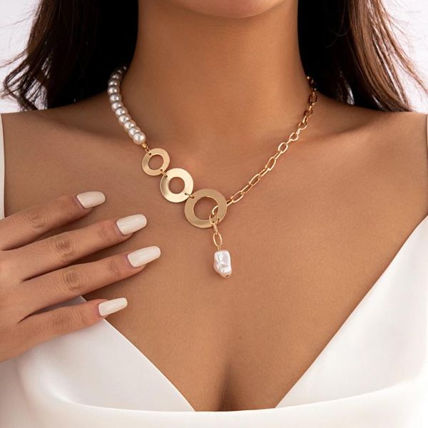 Collane con ciondolo PuRui Kpop Collana di perle d'imitazione di perle Anelli tondi piatti Collegamento in metallo Girocollo per le donne Gioielli da donna Matrimonio