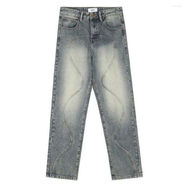 Jeans da uomo High Street Designer a vita media larghi Led retrò alla moda pantaloni dritti larghi pantaloni di jeans casual da uomo larghi