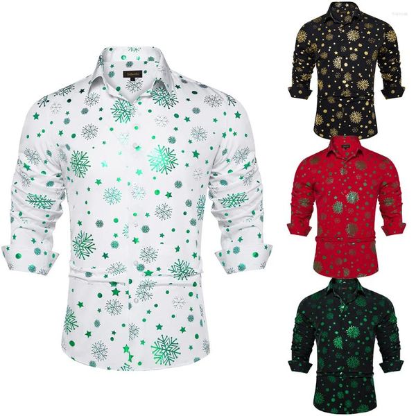 Camicie casual da uomo Camicia a maniche lunghe per Natale Camicetta con colletto button down verde rosso nero con motivo a fiocco di neve Abbigliamento da uomo