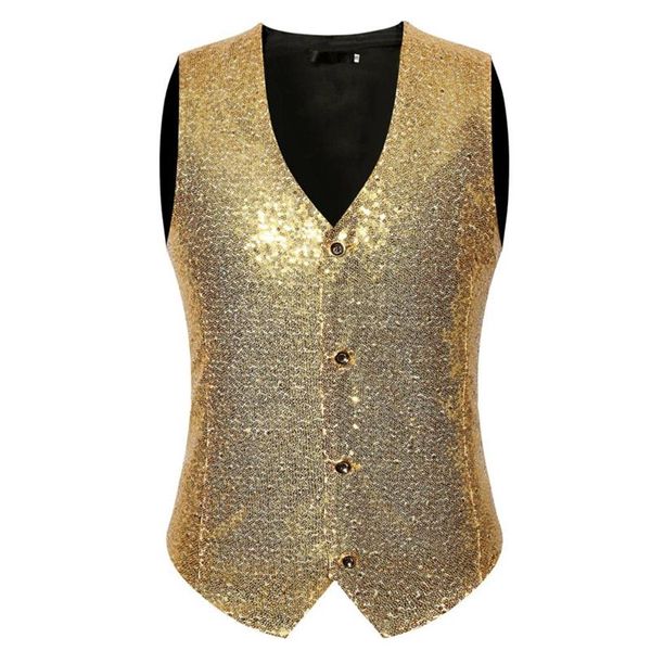 Gilet da uomo con paillettes argento casual hippie rock con scollo a V gilet da uomo da sposa sposo pantaloni a vita bassa cantante DJ slim fit costume249q