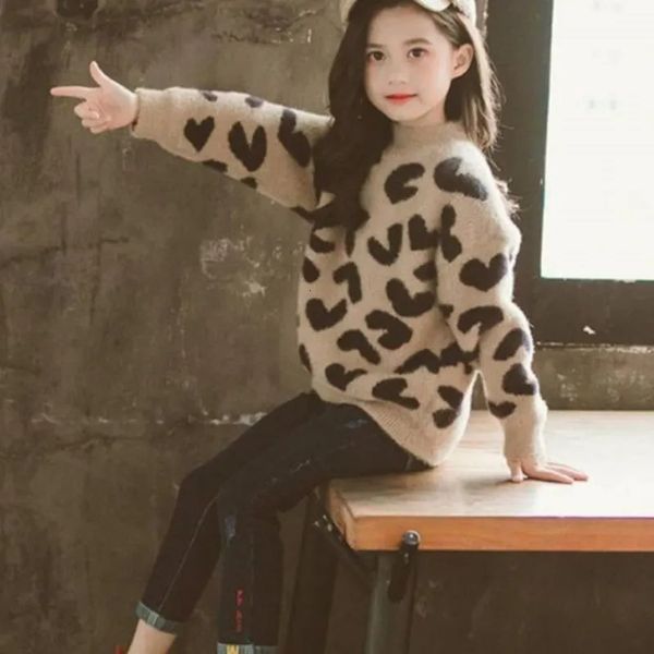 Pulôver meninas camisola crianças casaco outwear leopardo mais veludo engrossar quente inverno outono topos velo natal roupas infantis 231016