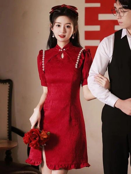 Abbigliamento etnico Yourqipao Abito da sposa cinese migliorato per brindisi da sposa piccolo vino rosso fidanzamento stile pizzo estivo