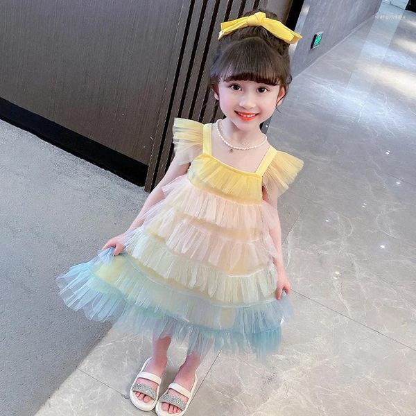 Vestidos da menina para meninas bolo vestido de malha para festa 2023 verão bebê meninas doce princesa coreano crianças aniversário 2-7years