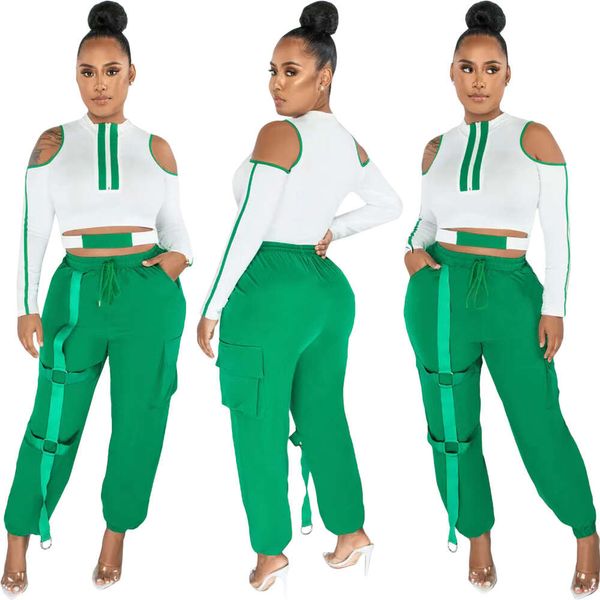 Moda Donna Tute Splicing Scava Fuori Set Pantaloni 2 pezzi Set Spalle scoperte Manica lunga Autunno Colthes S-3XL