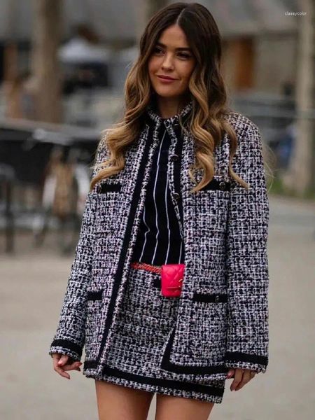 Damenjacken Designer-Retro-Farbkontrasttasche Mittellanger Tweed-Mantel für Herbstmode Jacke mit geradem Bein und Seidenfutter