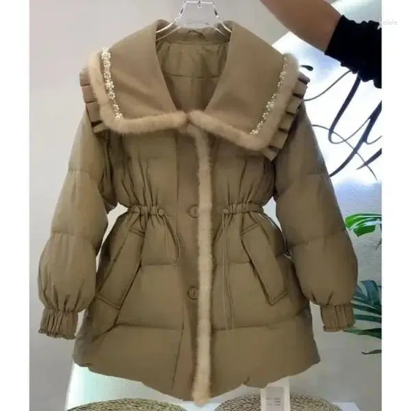 Trench femminili Capo da donna inverno oversize in legno auricolare in giro giù per la giacca di cotone casual bambola sciolta cravatta a una linea a-line