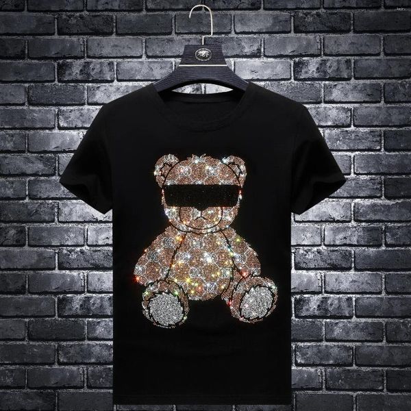 T-shirt da uomo 2023 Orso Strass Mens Streetwear Moda Uomo Abbigliamento Slim modale cotone O Collo T-shirt manica corta Plus Size 7XL