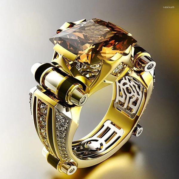 Anéis de casamento clássico dominador anel masculino metal cor de ouro incrustação pedra amarela zircão punk para homens festa hip hop jóias