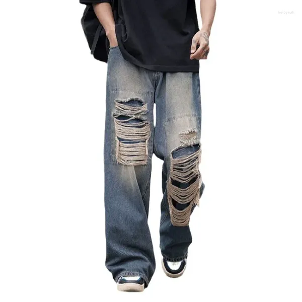 Jeans masculinos hip hop personalidade rasgado versão coreana moda tendência solta estilo versátil ajuste tipo cintura comprimento