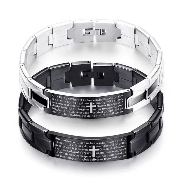 Bracciale Croce Sacra Bibbia Bracciale da uomo Cinturino per orologio in acciaio inossidabile nero Placcatura argentata Regalo di gioielli per le donne254z