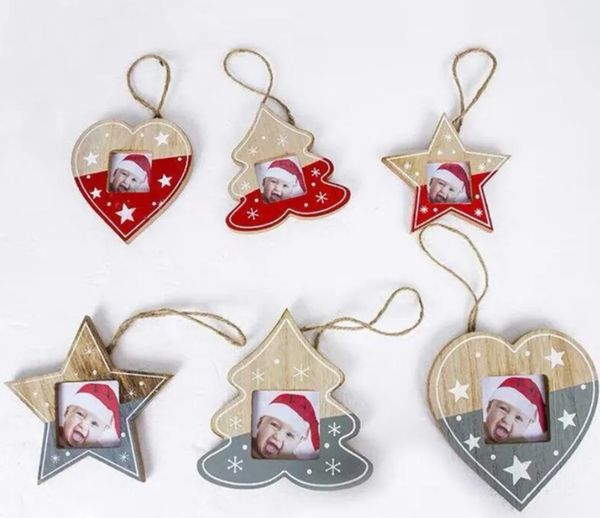 10cm criativo natal moldura de foto ornamentos molduras de madeira coração estrela árvore projetos pendurado pingentes para decoração interior atacado