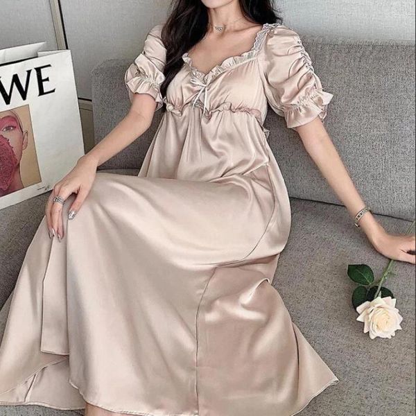 Damen-Nachtwäsche, Satin, langes Nachthemd, Damen, süß, reizend, französische Retro-Seide, kurzärmelig, Sleepshirt, Damenmode, Nachthemd, Heimkleid