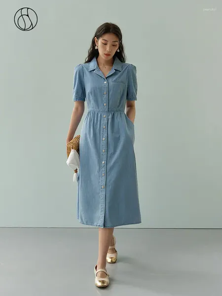 Vestidos casuais dushu commuting estilo retro cintura fina denim vestido para mulheres verão chique algodão único breasted simples longo feminino