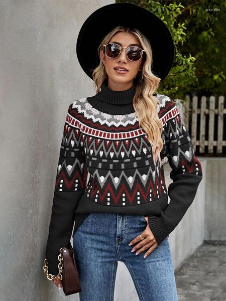 Kadın Sweaters Kış Bluz Vintage Şerit Paneli Kontrast Süvari Gevşek Yüksek Boyun Örgü Külot Giysileri