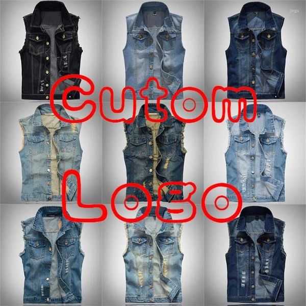 Coletes masculinos logotipo personalizado imprimir tamanho grande rasgado cowboy colete masculino sem mangas jean jaqueta denim colete homens plus 5xl 6xl257x