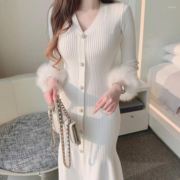 Vestidos casuais 2023 mulher coreano quente roupas de inverno grosso outono sólido camisola vestido mulheres vintage elegante malha single-breasted