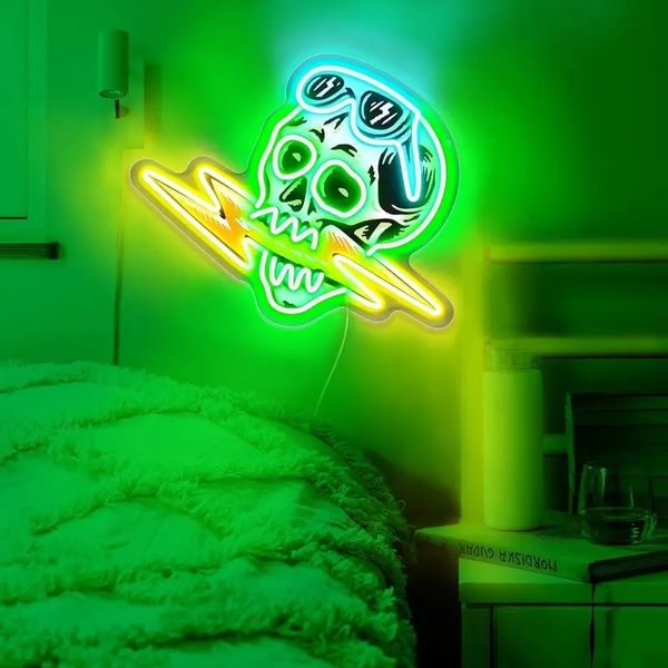 1 Stück Totenkopf-Neonschild, Skelett-Dekor, Totenkopf mit Sonnenbrille, beißender Blitz, LED-Neonlicht, Zeug für Zuhause, Party, Weihnachten, Halloween, Neon-Dekor