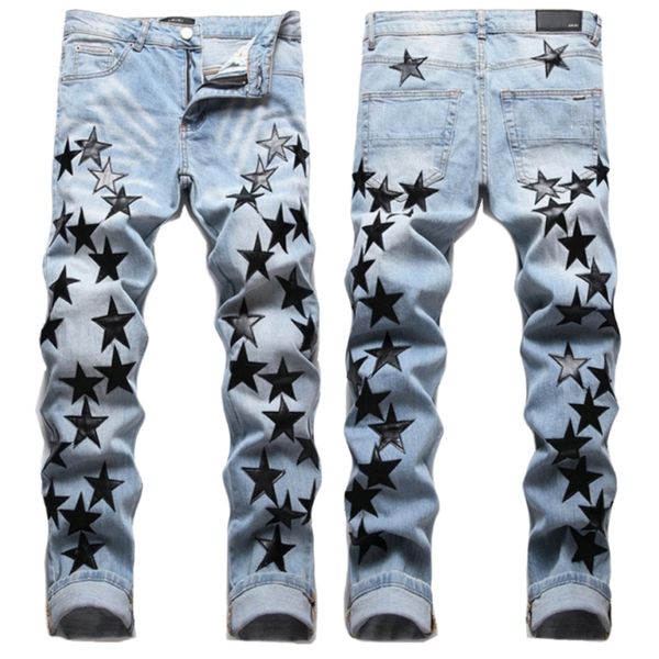 Homens jeans carta estrela am minúsculo ponto bordado retalhos rasgado sexy romântico selvagem motocicleta calça dos homens AM3231-00 tamanho 29-38