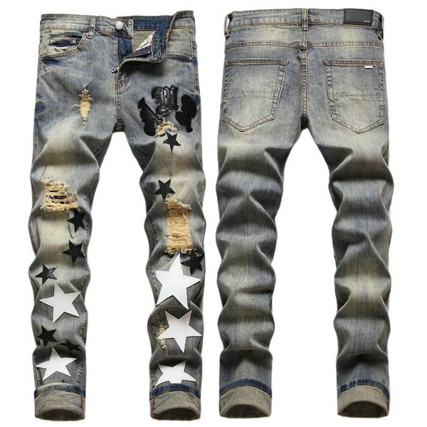 Homens jeans carta estrela am minúsculo ponto bordado retalhos rasgado sexy romântico selvagem motocicleta calça dos homens AM3096-00 tamanho 29-38